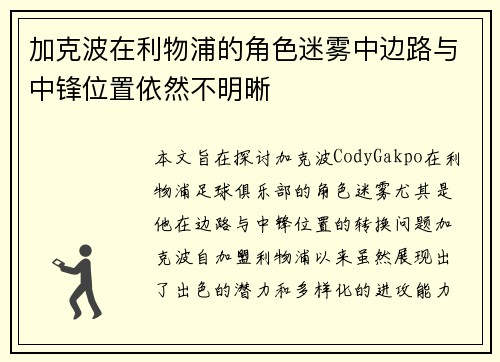 加克波在利物浦的角色迷雾中边路与中锋位置依然不明晰 加克波在利物浦的角色迷雾中边路与中锋位置依然不明晰